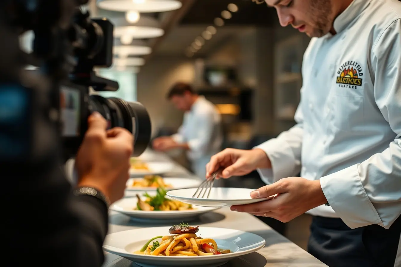 Chef plating a dish while a videographer captures a close-up